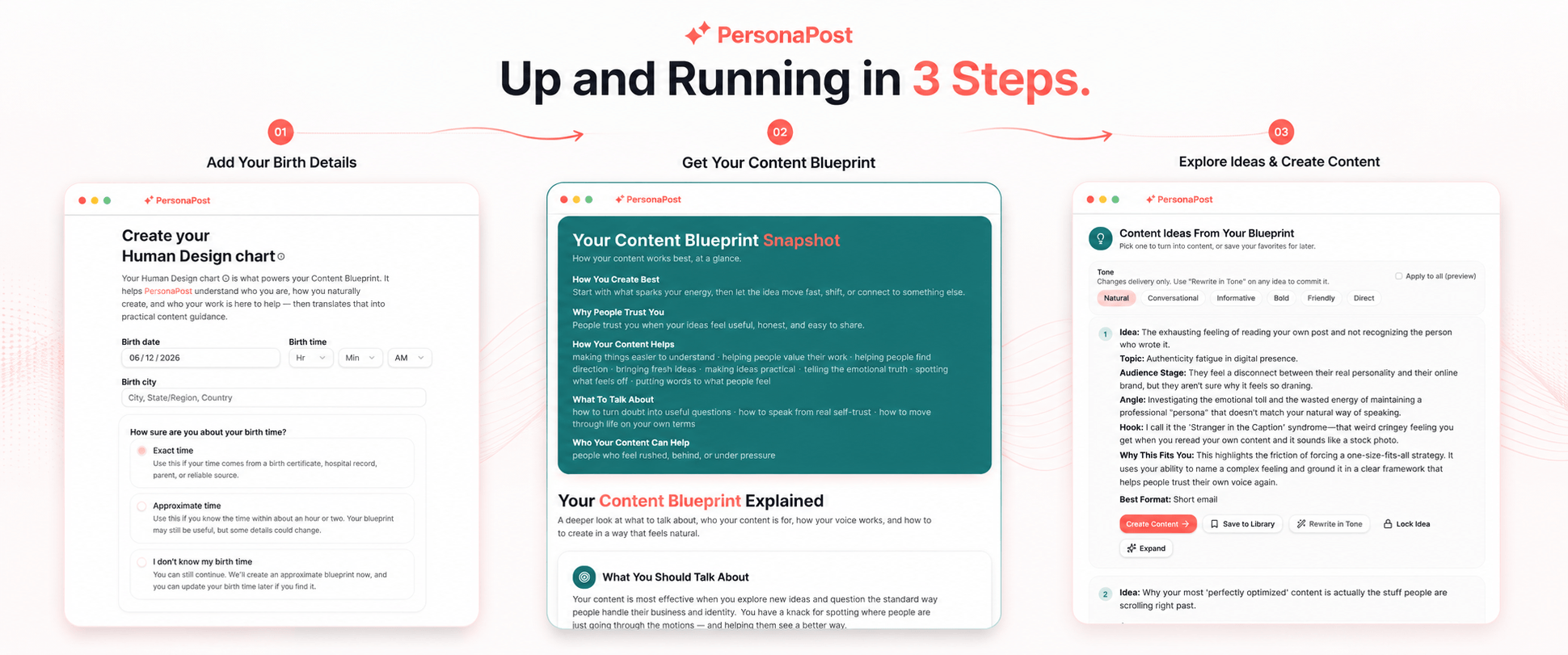 Up and running in 3 steps: add birth details, get your Content Blueprint, explore ideas and create content