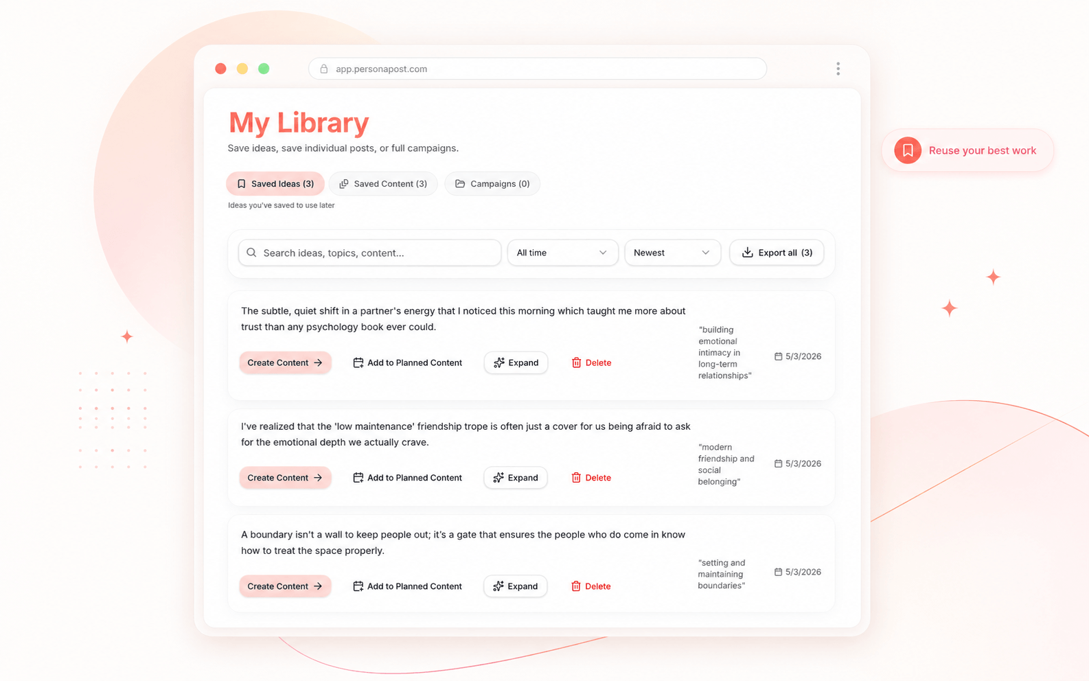 Content library / saved posts screen
